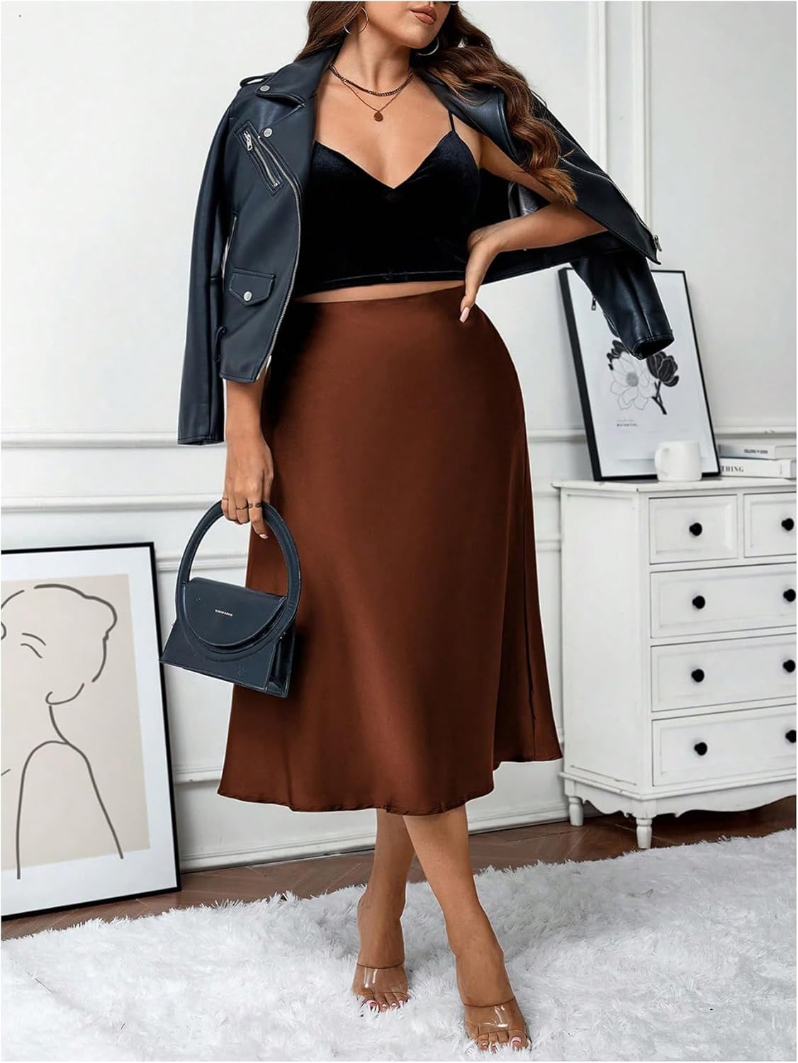 Floerns Women's Plus Size Elegant A Line Midi Skirts High Waisted Satin Date Night Formal Evening Skirt - Image 3