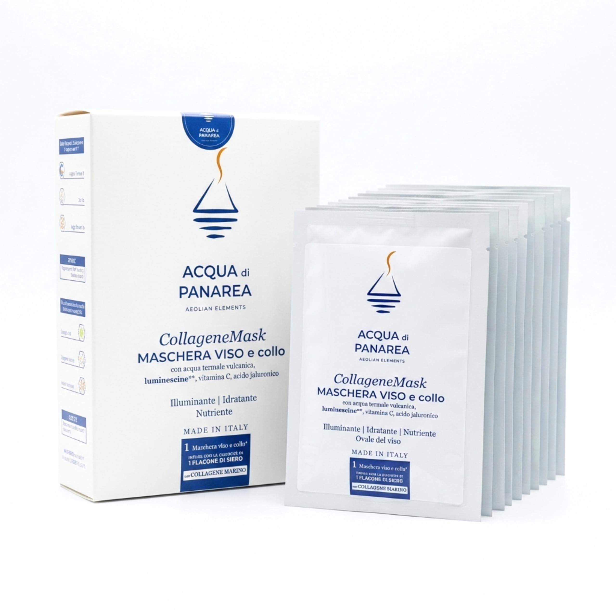 Acqua di Panarea CollageneMask Maschera Viso e Collo con Collagene Marino, Vitamina C, Acido Ialuronico e Acqua Termale Vulcanica, Idratante e Illuminante, Made in Italy