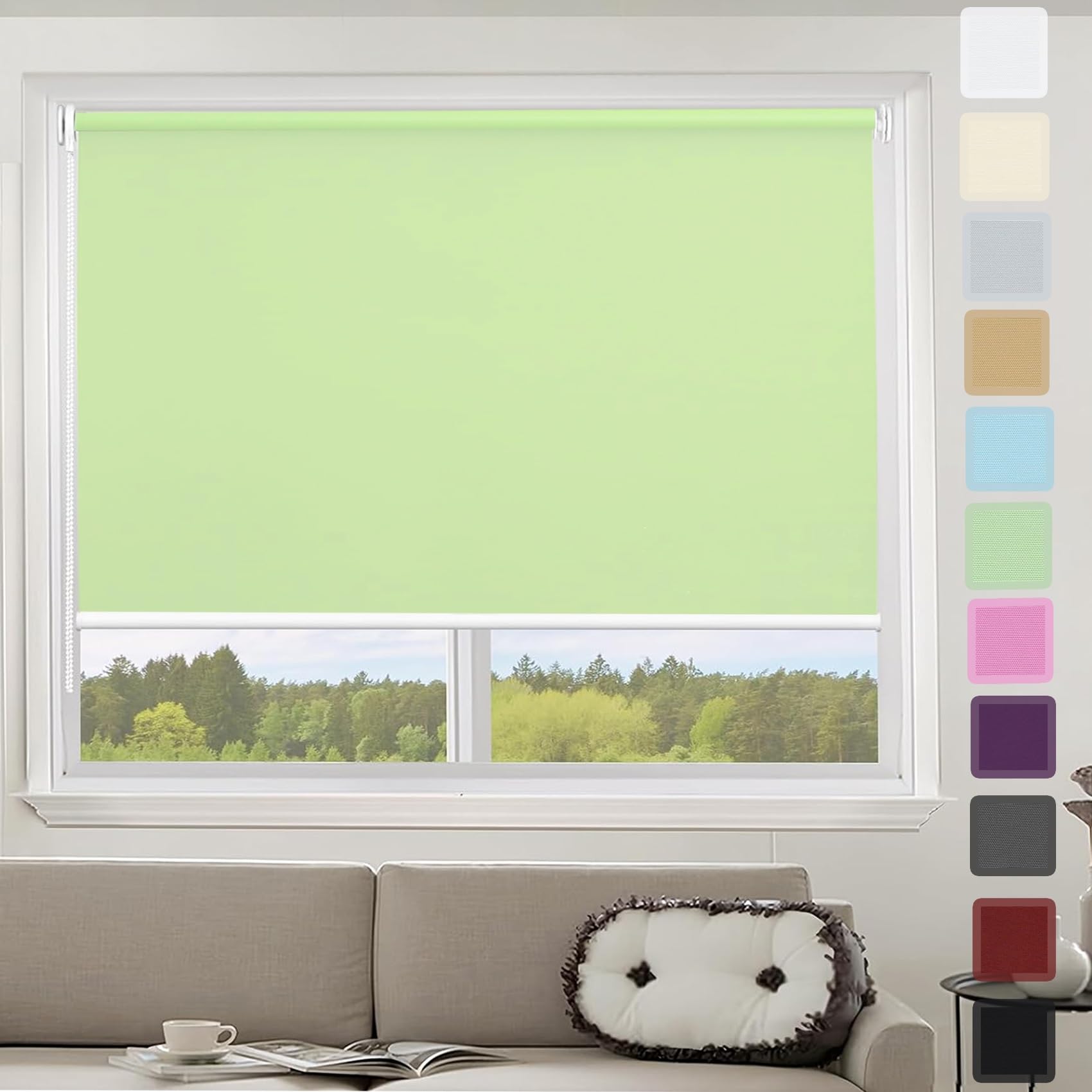Thermal Blackout Blinds, 85 x 70 cm 100% Blackout Waterproof Fabric Roman Shade Blind with Install Accessories For Inside and Outside Recess Fitting, Green