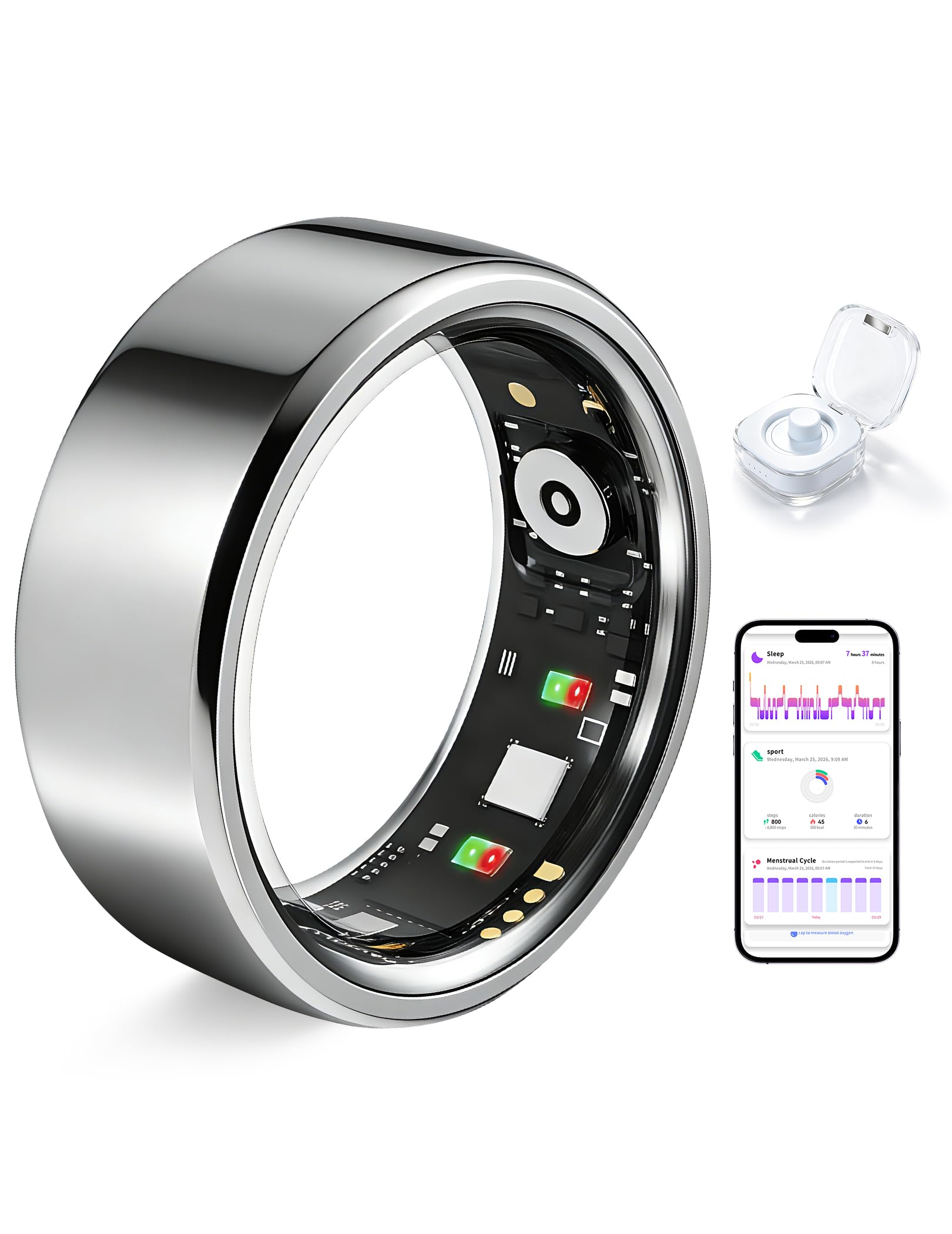 NewTrip Smart Ring for Women Men Fitness Tracker Heart Rate Sleep Trends 128 Sports Modes Gesture Control Cycle Tracking IP68 Waterproof No Subscription Compatible with iPhone Android (Silver, Size11)-image-37