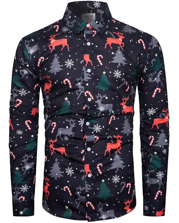 fohemr Mens Christmas Novelty Shirt Snow Print Button Down Long Sleeve Funny Costume Shirts for Party Black Medium by fohemr - Used condition - US$24.23
