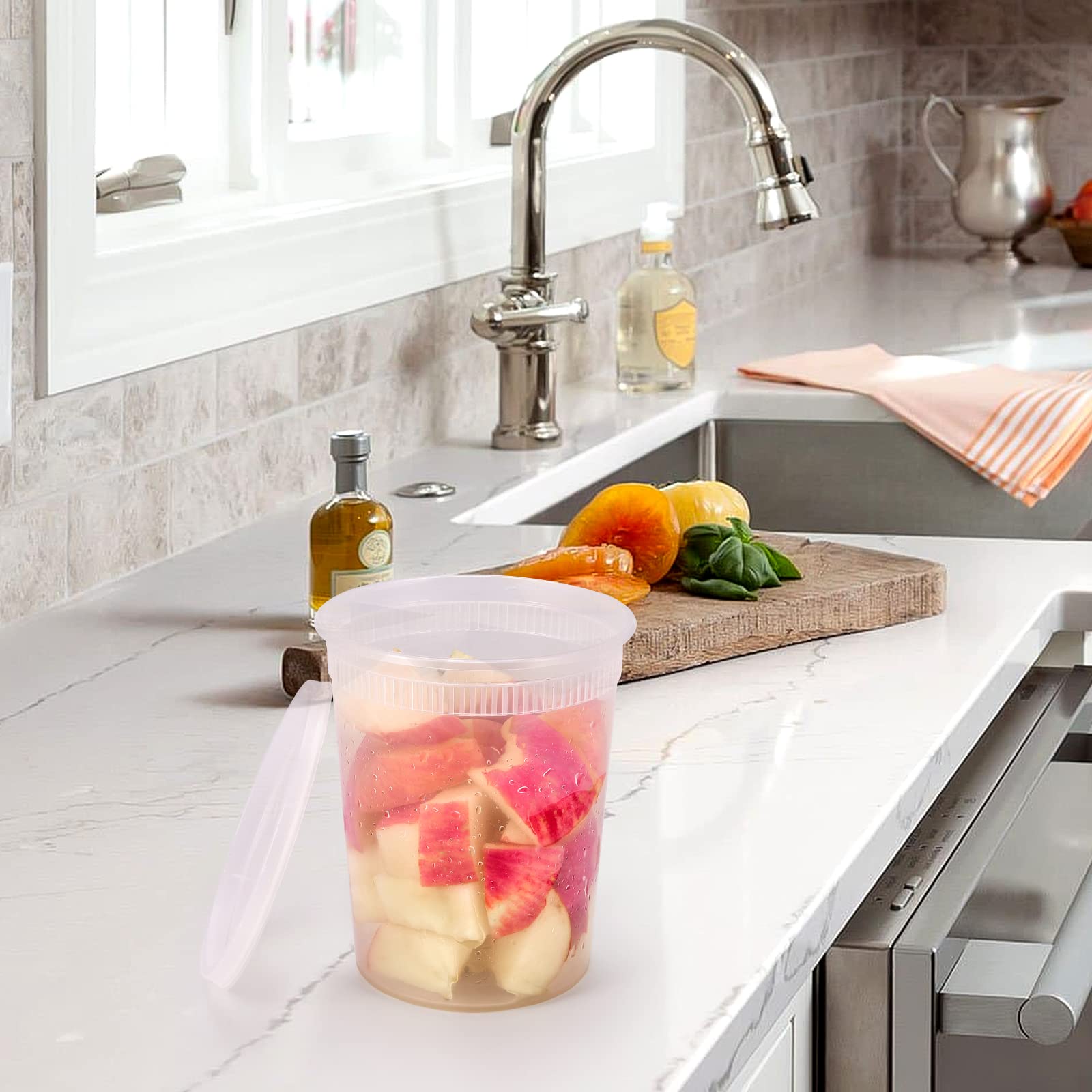 Kitch'nMore Plastikowe pojemniki na delikatesy z pokrywkami, 24-pak, przezroczyste wanny do przechowywania żywności z hermetyczną szczelną pokrywką do zupy, zanurzania, owoców, płatków śniadaniowych, sosów, opatrunku, zero BPA