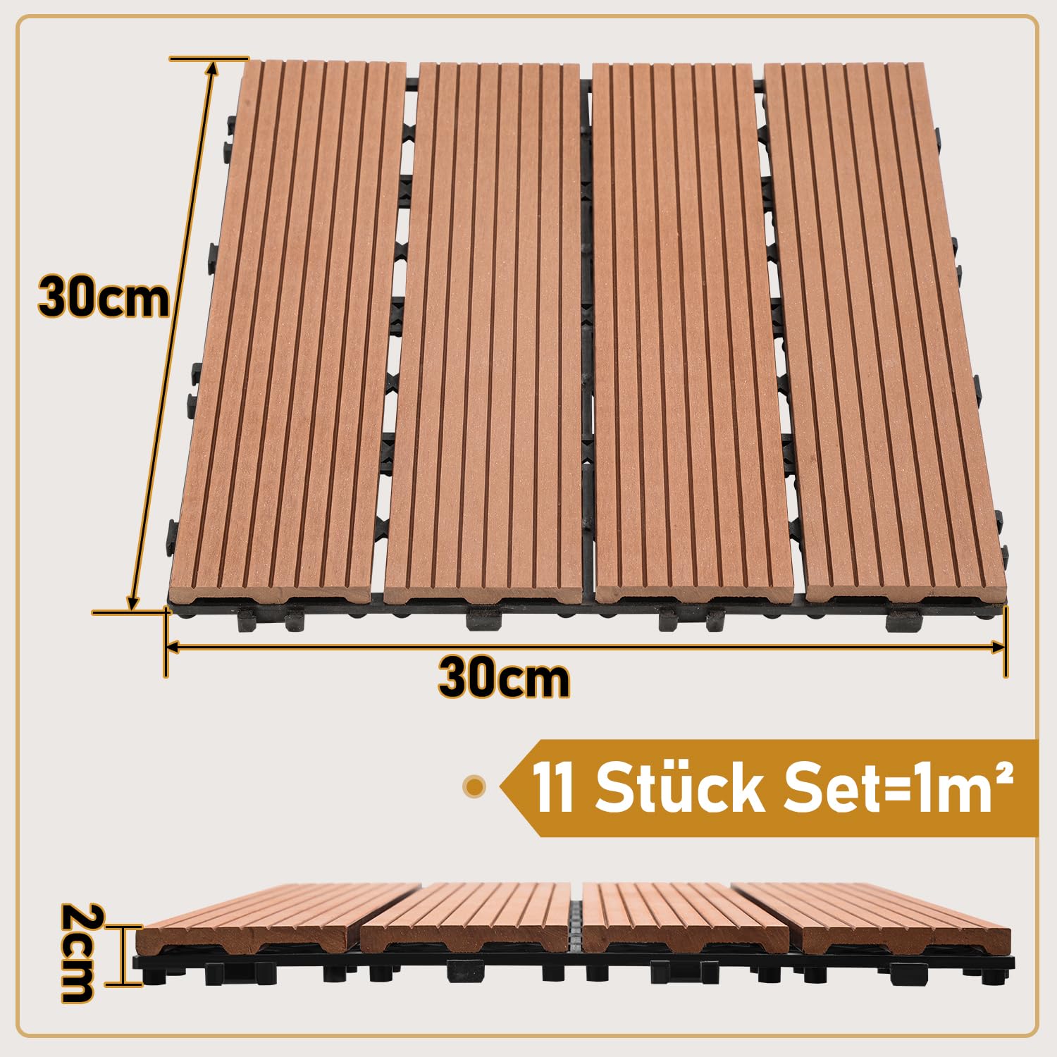 WPC Fliesen, 30x30cm 44er für 4m² WPC Terrassenfliesen Balkon Bodenfliese mit Klick-System, Terrassendielen Wetterfest mit Drainage, Braun