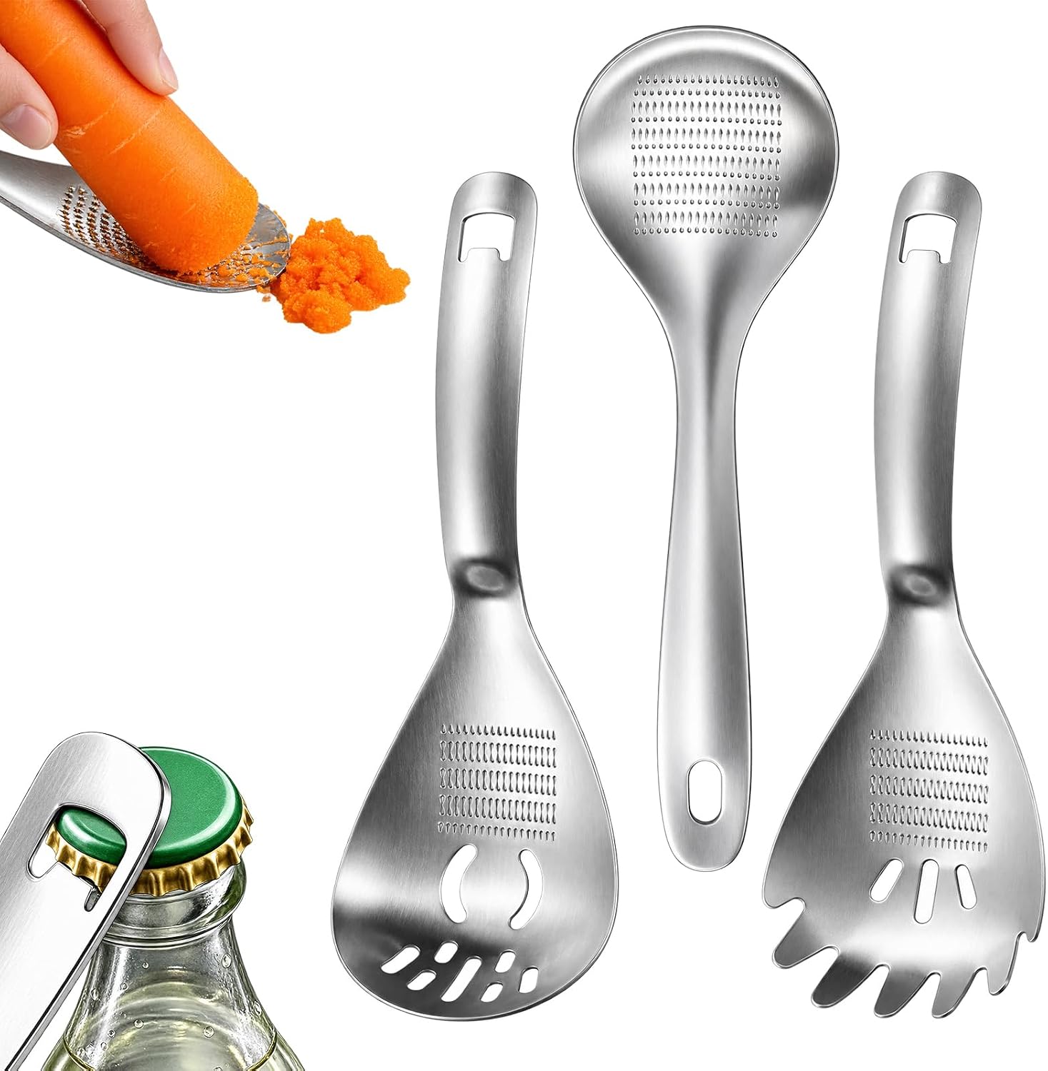 3Sets 5-in-1 Stainless Steel Cooking Spoon Multifunction Cooking Spoon, Kitchen Cooking Tools for Potato Garlic Masher, Egg Separator and Bottle Opener，3pcs