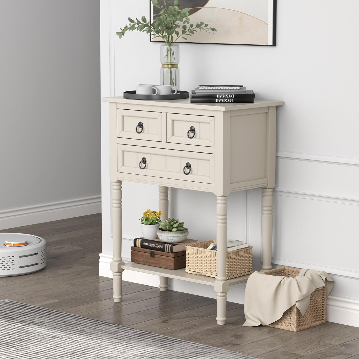 Narrow Console Table, Entryway Table with 3 Storage Drawers & Open Bottom Shelf, Sofa Side Table for Living Room, Hall Stand Table for Entryway, Hallway, Easy Assembly (Beige)