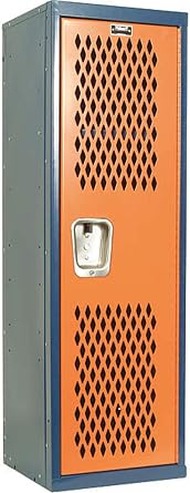 Hallowell Home Team Locker, 15"W x 15"D x 48"H, Dark Blue Body / Orange Door, Single Tier, 1-Wide, Knock-Down