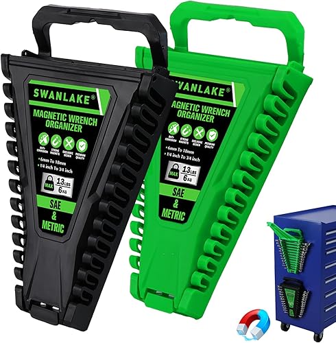 Organizador de llaves magnéticas de 2 piezas, soporte de llave de plástico portátil métrico y SAE, 24 ranuras en total, mango de transporte plegable
