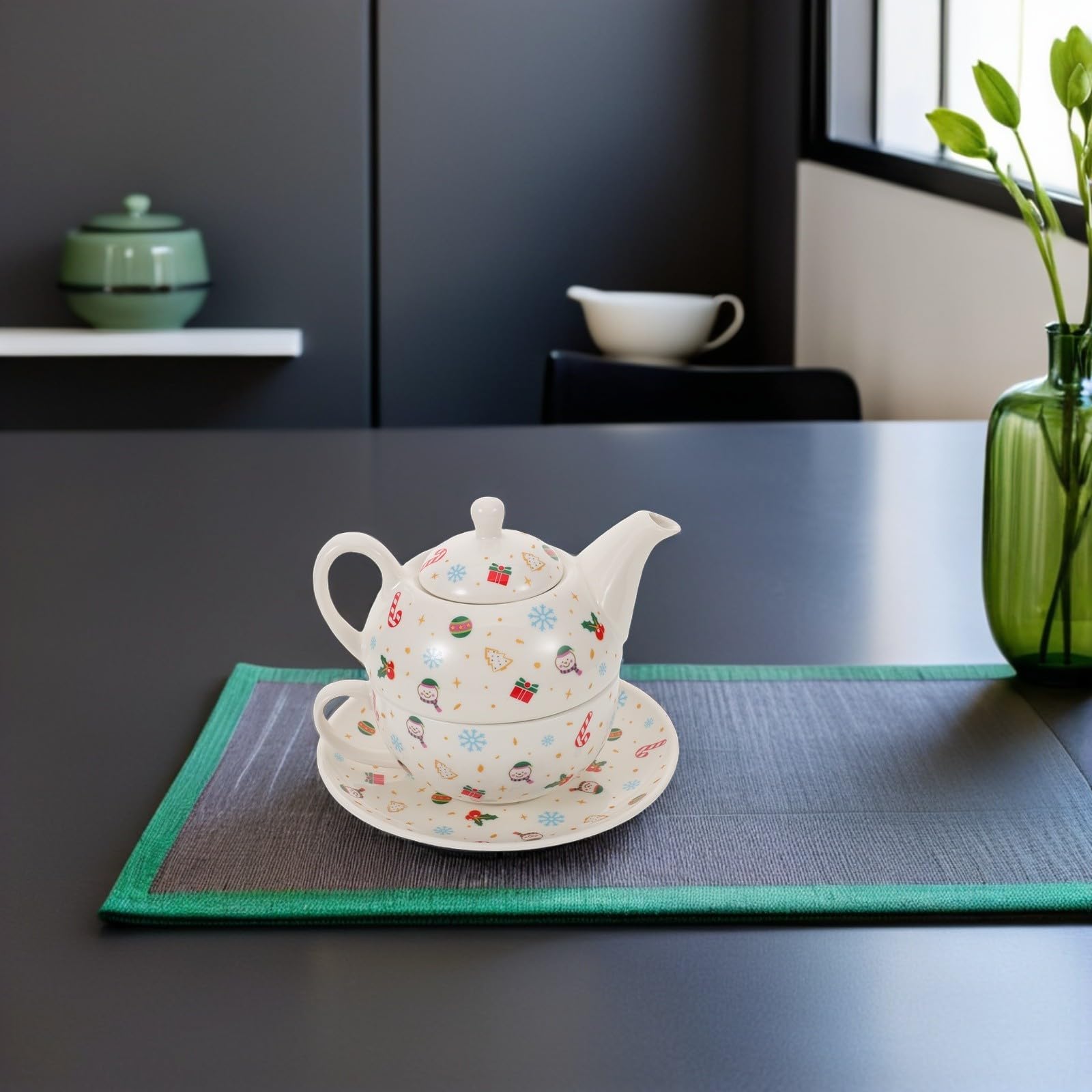 Juego de Taza y Platillo de Cerámica Navideña Blanco