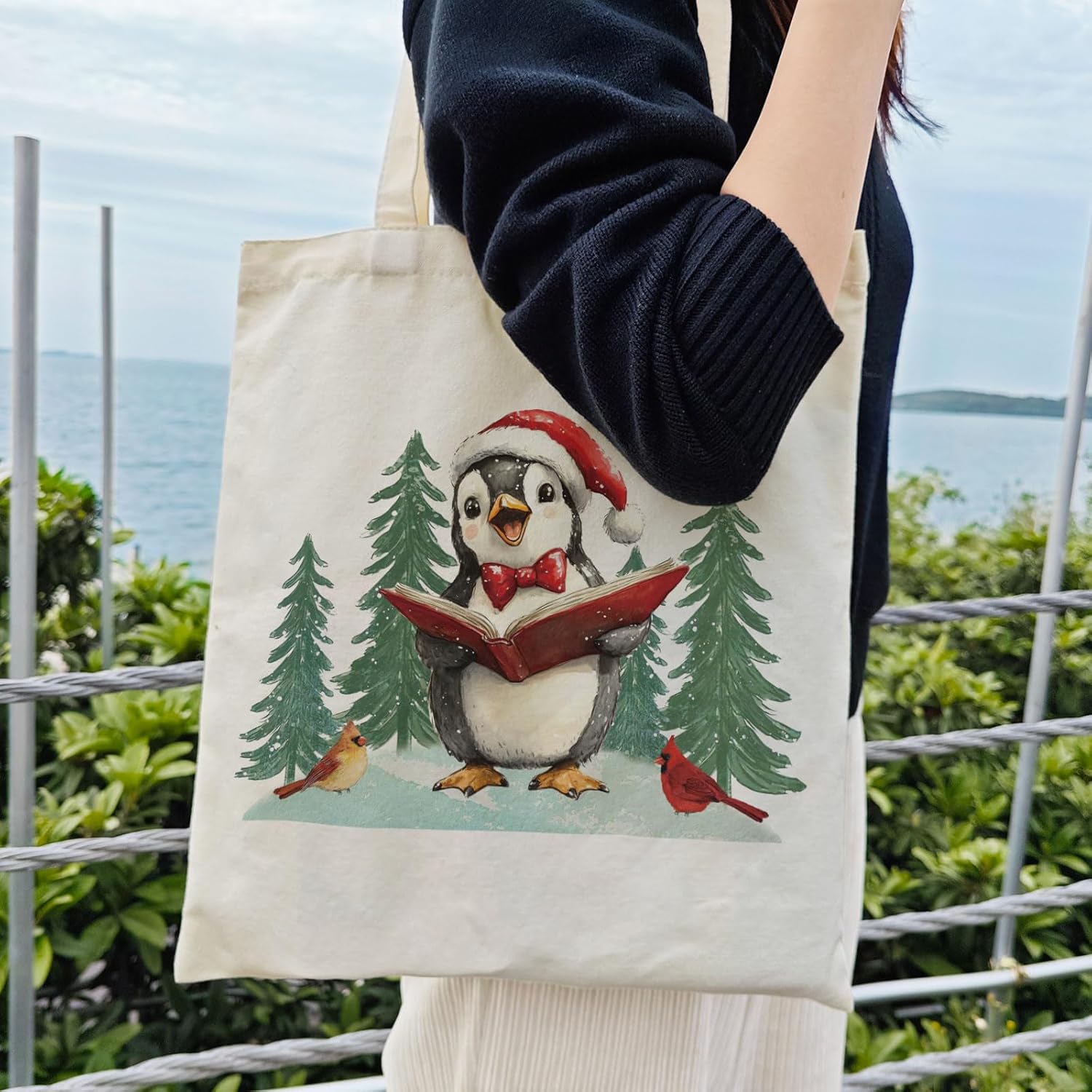 Dlzdn Christmas Penguin Tote Bag Winter Reusable Shopping Grocery Bag Beach Bag Birthday Gifts for Women Teacher - Image 2