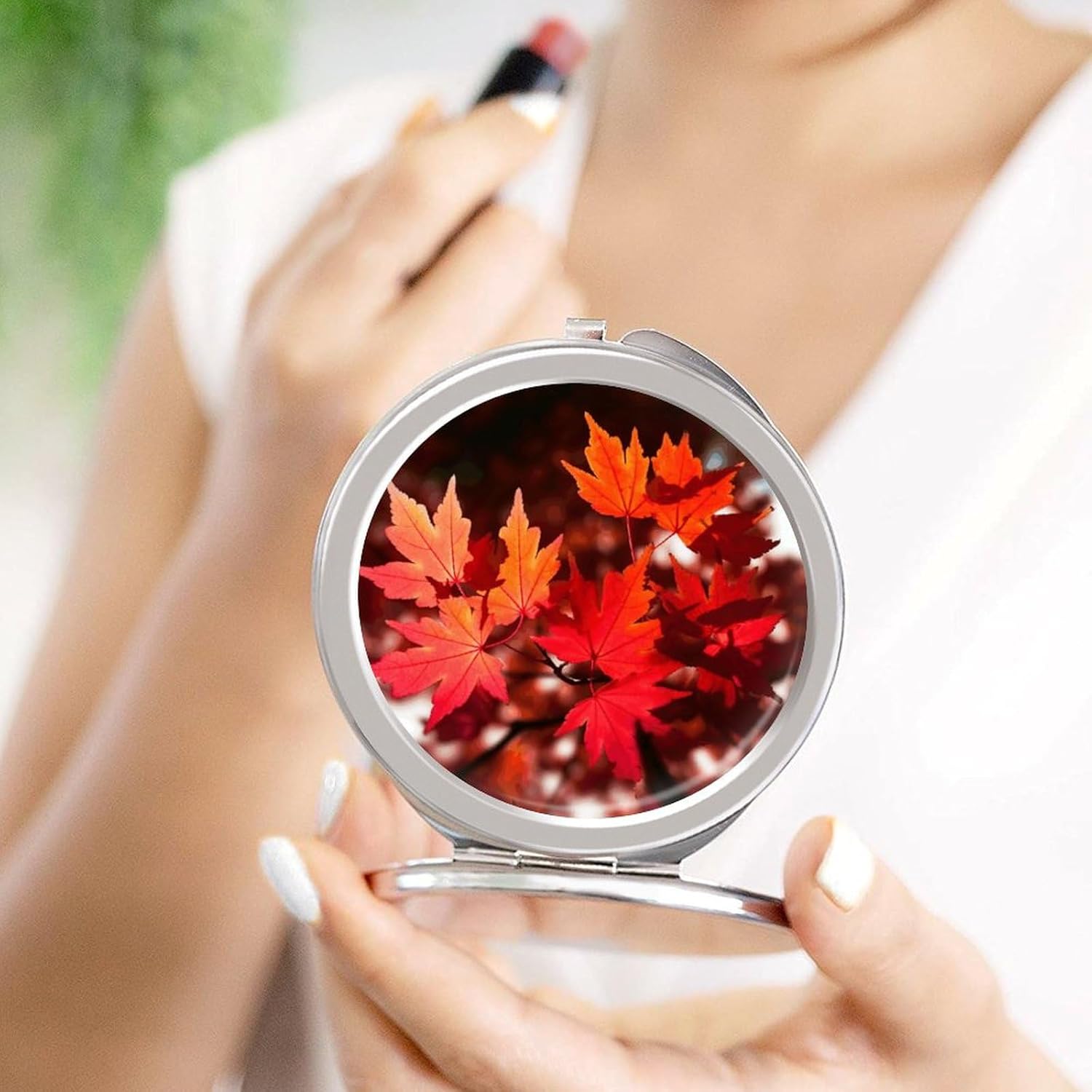 Autumn Fall Red Maple Leaves Portable Makeup Mirror, Sided Travel Hand Mirror Mini Folding Mirror for Precise Makeup Women Daily Use