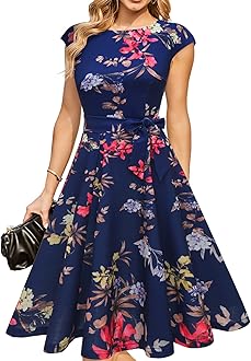 DRESSTELLSWomen's Vintage Tea Dress Prom Swing Cocktail Party Dress with Cap-Sleeves Navy Flower S