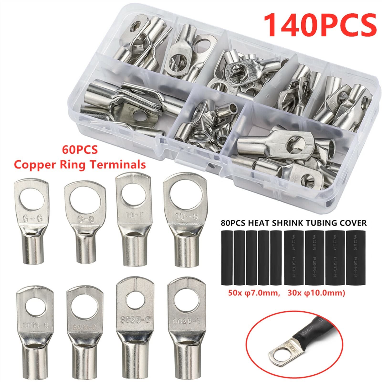 Ringkabelschuhe 240CPS Sortiment Auto Auto Kupfer Ring Terminal Draht Crimp Stecker Blank Kabel Batterie Terminals Gelötet Anschlüsse Kit(140pcs)