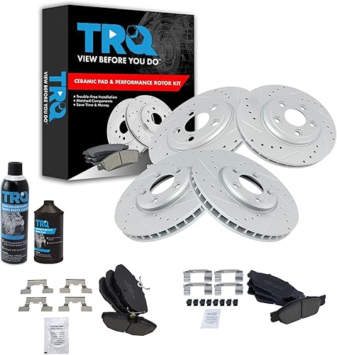 TRQ Pastilla de freno de cerámica delantera trasera y kit de rotor de rendimiento con productos químicos