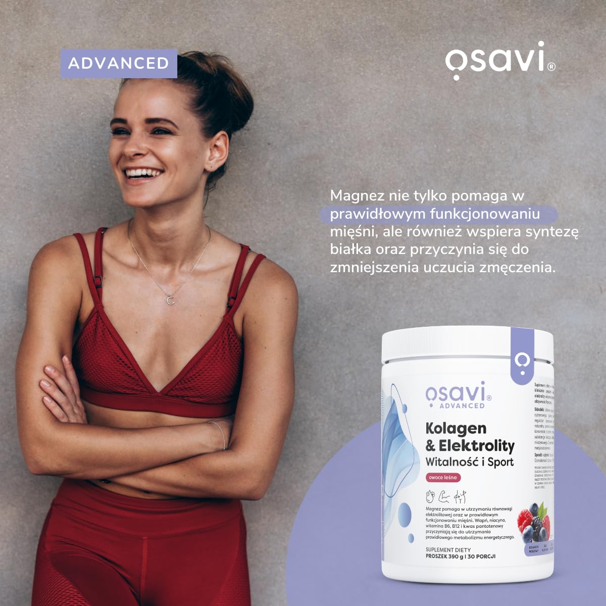 Osavi Kolagen & Elektrolity Witalność i Sport – 390 g proszku | Smak owoce leśne | Peptydy kolagenowe TENDOFORTE® | 5 elektrolitów + witaminy B | Aquamin Mg® | Wsparcie podczas aktywności fizycznej
