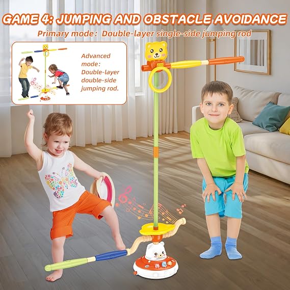 Sports Outdoors Play Toys - 5 in 1 Musical Jump Ring Toss Game Stomping Launch Rocket Launcher Basketball Throw for Kids - Indoor Outside Obstacle Avoidance Gifts for Toddlers Ages 3 4 5 6 7 8 9