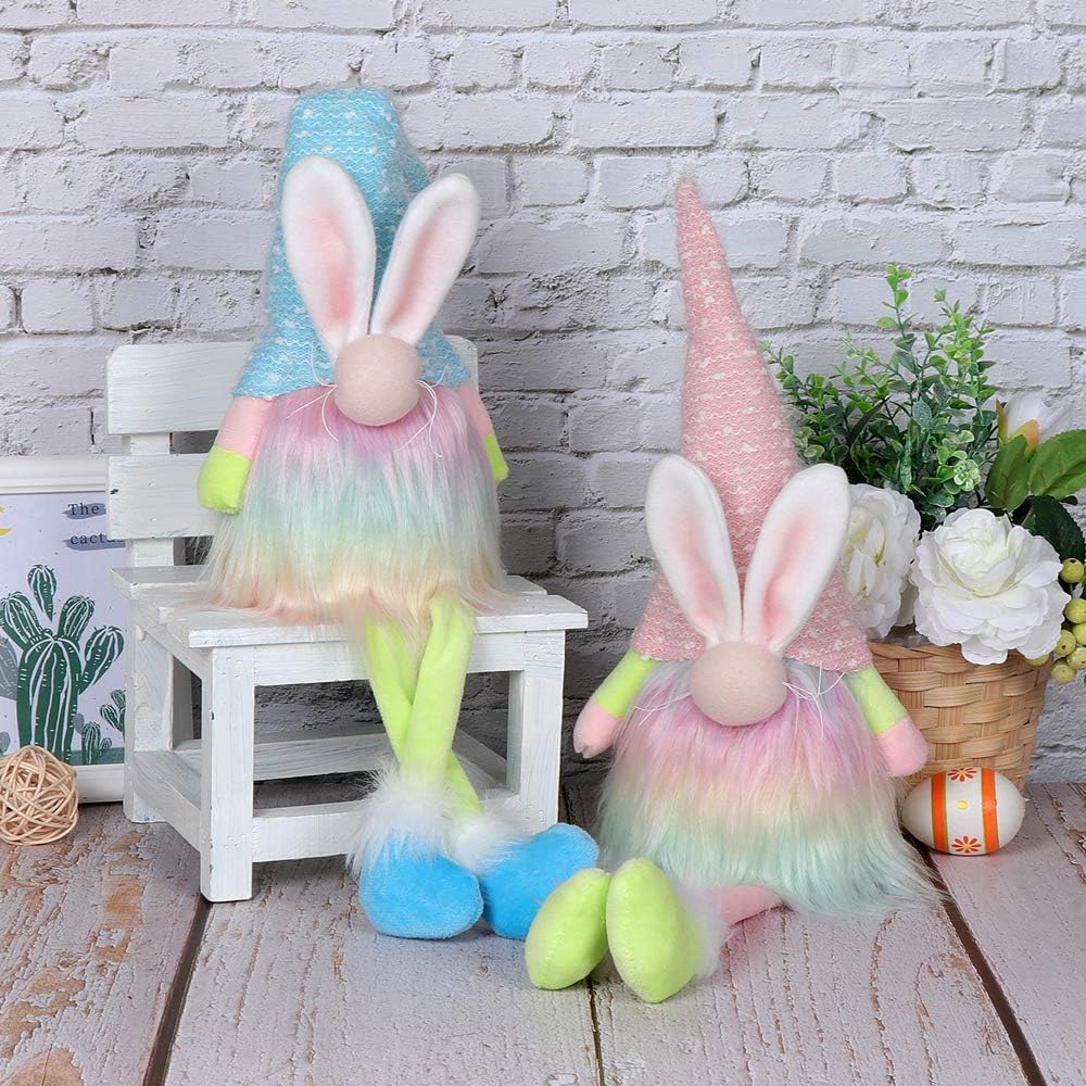 XAMSHOR Handmade Easter Gnomes Bunny Gnomes Tomte with Light, Plush Elf Long Leg Scandinavian Santa with Bendable Hat for Home Table Decorations Gift, 19Inch Tall, Set of 2