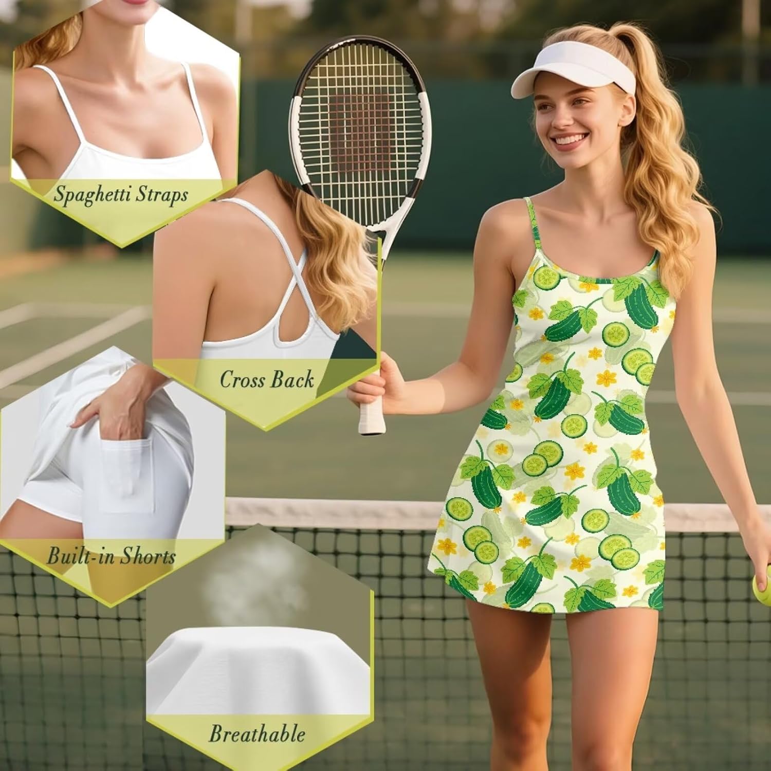 Womens Tennis Dress with Built-in Shorts Pockets, Sports Crisscross Back Athletic Golf Dresses Summer Outfits