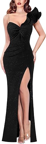 Womens Formal Prom Ruffle One Shoulder Strap Ruched Maxi Dress 2025 Sexy Twist Front Split Wedding Guest Evening Gown