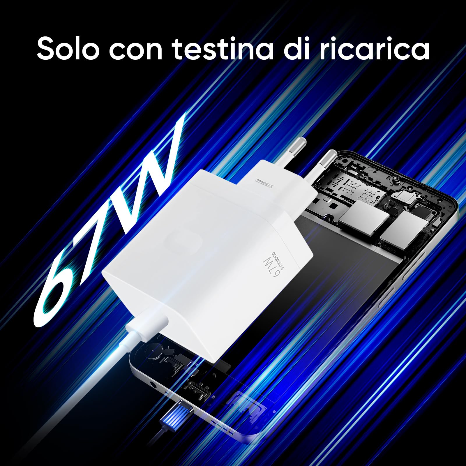 Adattatore di alimentazione realme SUPERVOOC 67W chager for realme 12 Pro+, 12 pro, 12+ 5G, 14 pro, 12x 5G, 12 5G, C75, C65, C67, C53, Note 60, Note 50, Porta USB di tipo A, Senza Cavo, Bianco