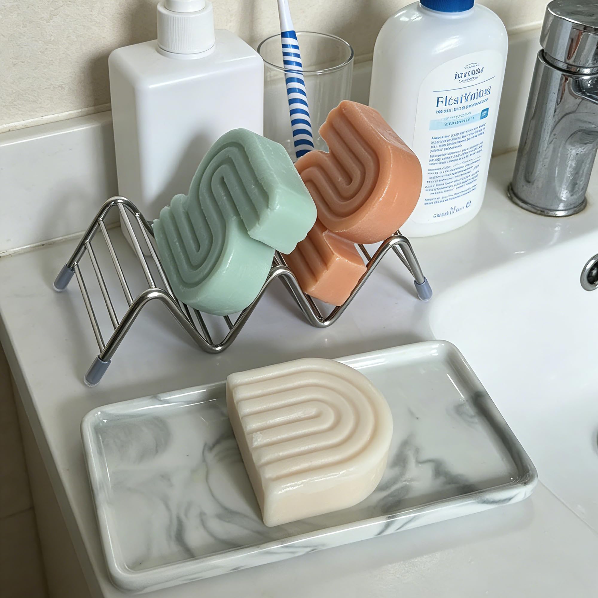 Jabonera, barra de ducha autodrenante de acero inoxidable con bandeja de cerámica, ahorrador de jabón estilo W para baño, fregadero, cocina y encimera (textura gris)