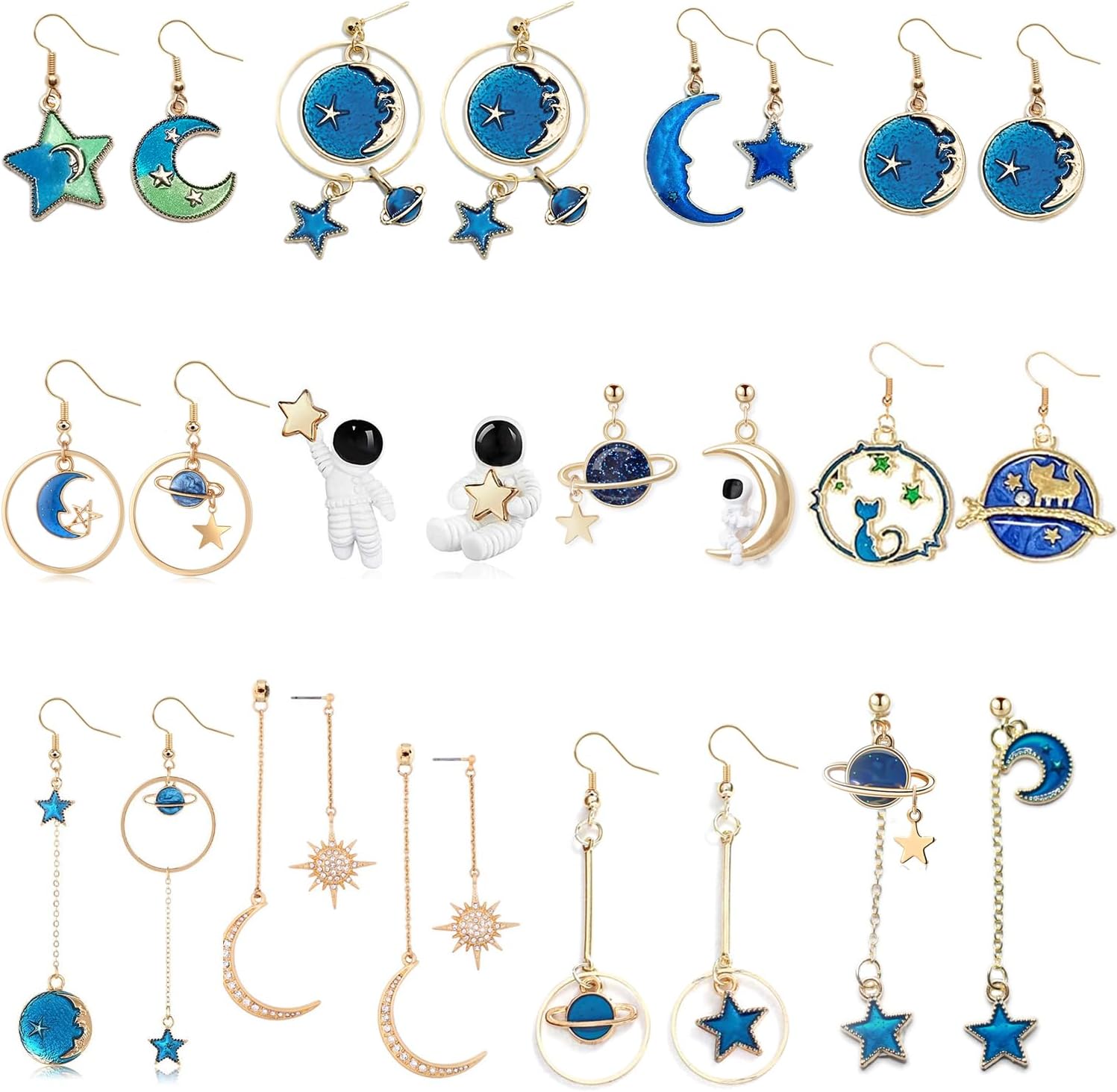 12 Pairs Moon Star Sun Earrings Space Astronaut Celestial Planet Jewelry Set