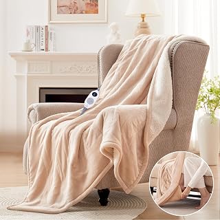Westinghouse Heated Throw Blanket with Foot Pocket - Soft Flannel Sherpa Electric Blanket, 6 Heat Levels, 50x62 Beige, Machine Washable