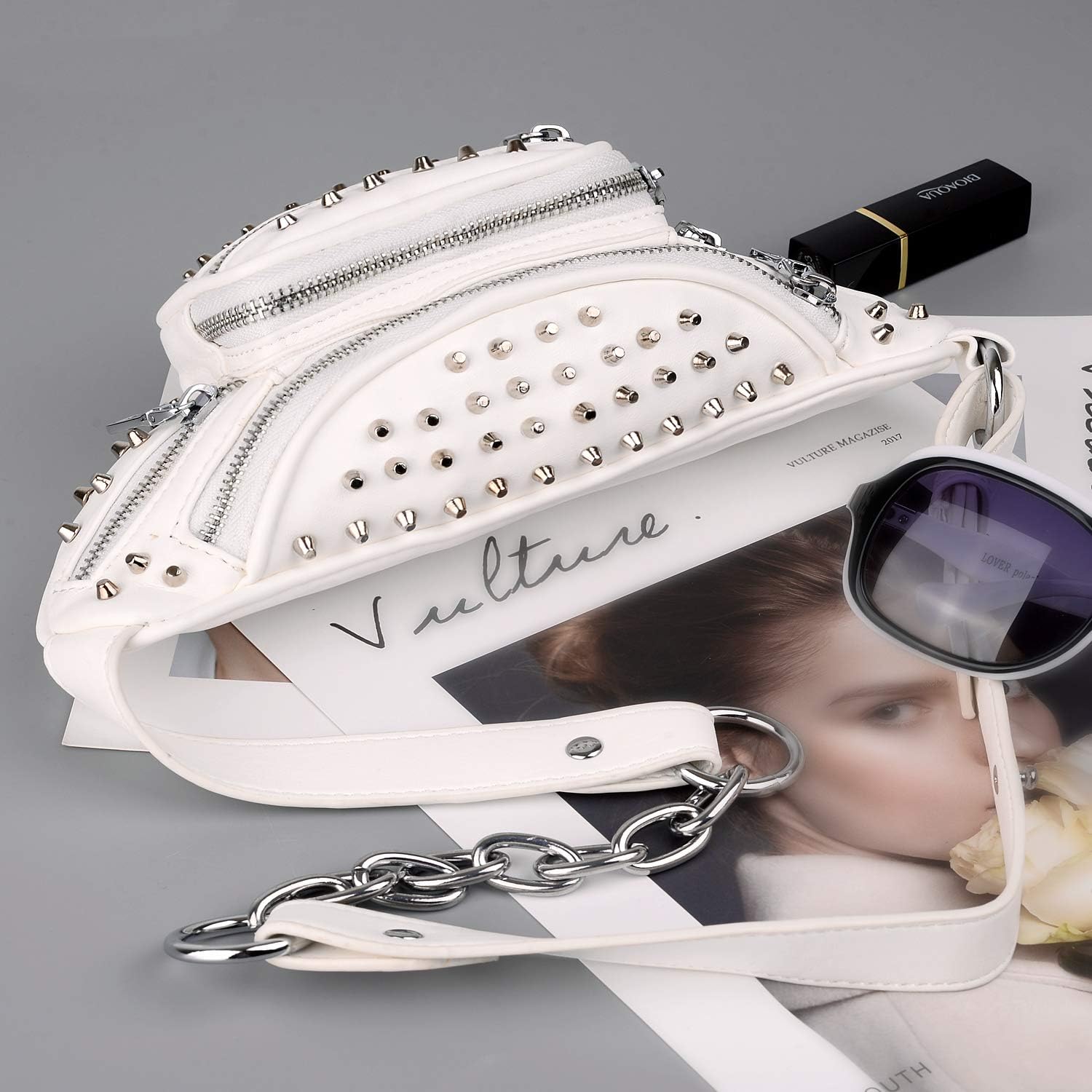 Fanny-Pack-for-Women-Leather Vegan UTO Waist Bag Rivet Studded Lightweight Zipper Pocket Shoulder Purse - Image 5