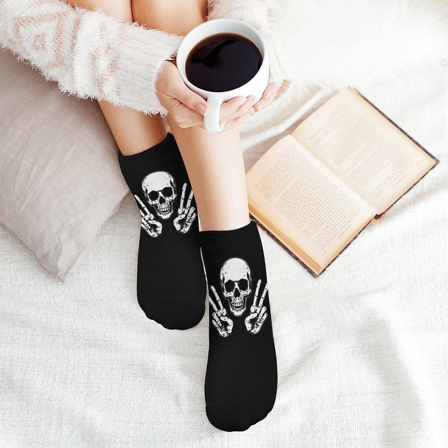 Skull Peace Sign Hand Mens Socks No Show Low Cut Ankle Sock for Sports