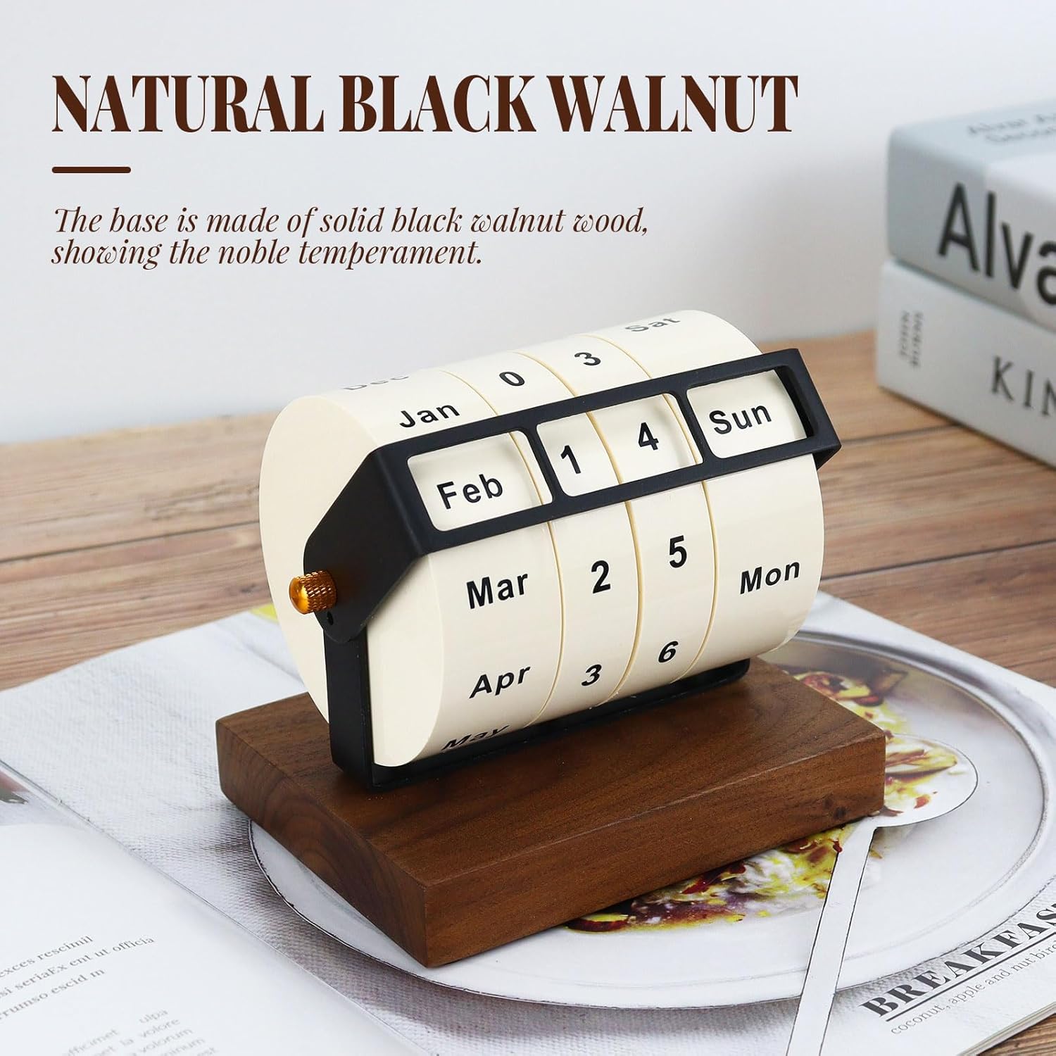 Wooden Perpetual Calendar for Office Desk Decor, Rotary Perpetual Desk Calendar, Countdown Desktop Calendar for Office School (Wood)