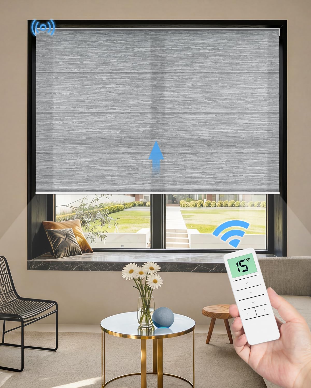 Motorized Roman Shades for Windows, Custom Light Filtering Roman Blinds with Remote, Smart Privacy Window Shades for Living Room Kitchen Office, Alexa & Google Home Compatible, App Control via RF Hub