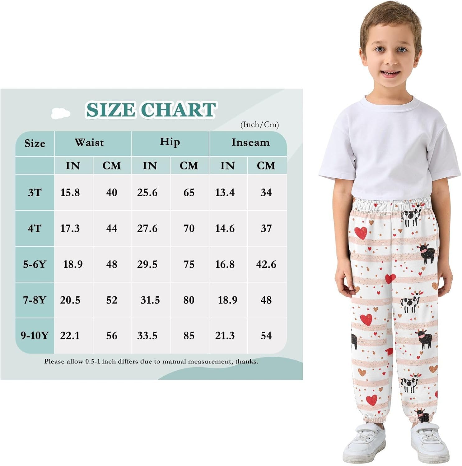 Boy Sweatpants Cow Stripes Red Hearts Joggers Casual Athletic Pants Kids Elastic Waist Cuffed with Pockets