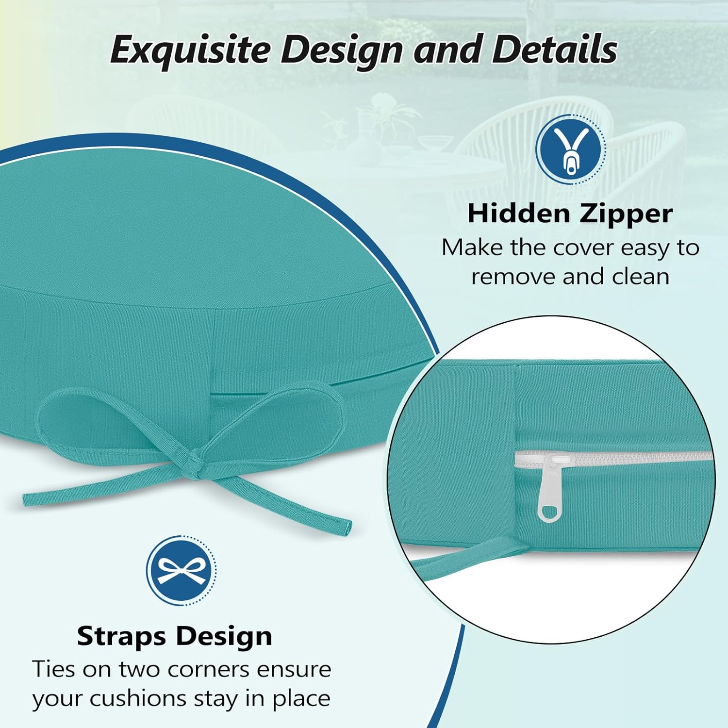 Wellsin Outdoor Bistro Chair Cushions, 3-Layer Waterproof Round Outdoor Cushions with Removable Covers, Outdoor Chair Cushions Set of 4, 15x15x3 Inch, Teal