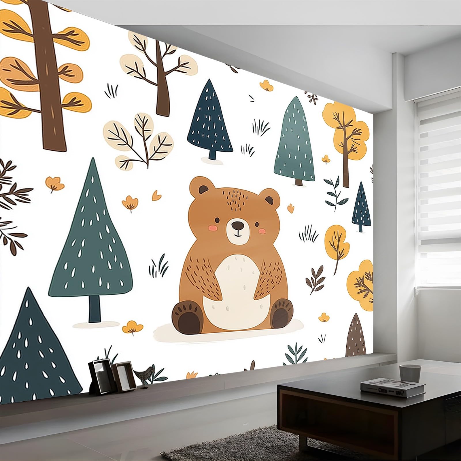 Panoramiczna tapeta kreskówka las niedźwiedź brązowy zielony 200 x 140 cm (szer. x wys.), nowoczesna tapeta z włókniny do sypialni salonu biura spersonalizowana dekoracja ścienna restauracja pokój