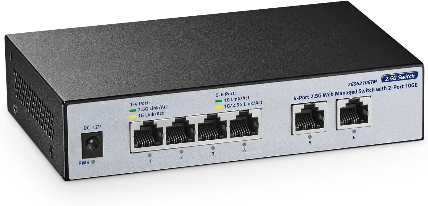 YuLinca 10G Web Managed Switch 4x2.5G + 2x10G RJ45 Ports LACP/VLAN/QoS Fanless Metal Enclosure for NAS/Gaming/8K Streaming