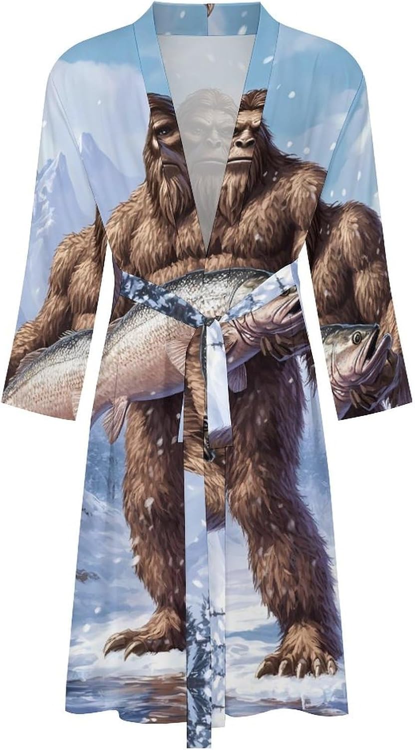 Winter Bigfoot Trout Fish Men's Robe Soft Bathrobe V Neck Loungewear Sleepwear Nightgown Dressing Gown