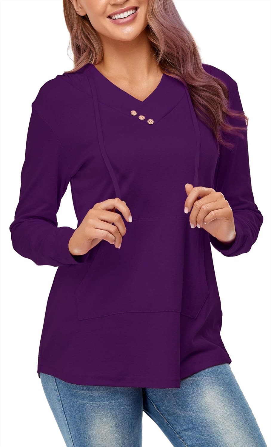 Miusey Womens Hooded Shirts Long Sleeve V Neck Tunic Hoodie Lightweight Sweatshirts with Kangaroo Pocket