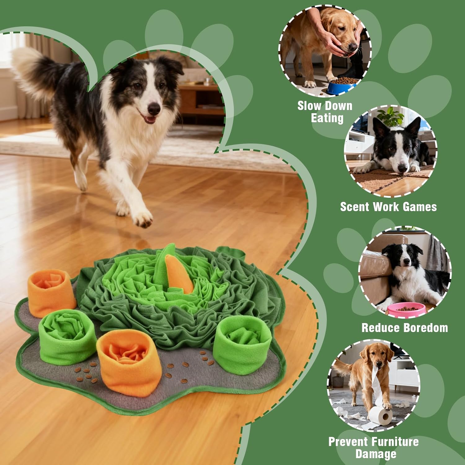 Snuffle Mat for Dogs, 18'' Dog Paw Shape Interactive Dog Puzzle Toy Build-in Squeaker Sniff Mat for Slow Eating Encourages Natural Foraging Skills for All Breeds Indoor & Outdoor Use (Green)