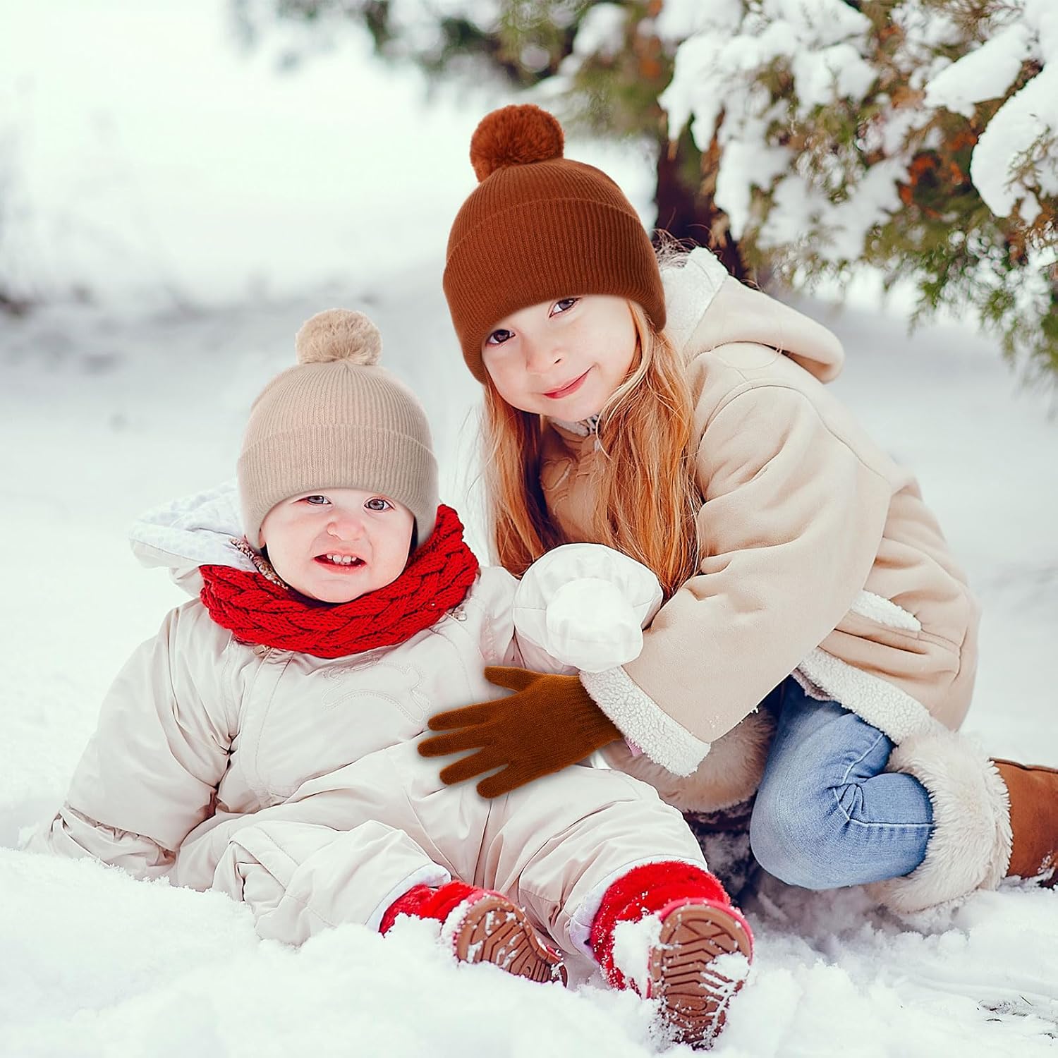 Berlune 4 Sets Kids Beanie Winter Hats and Gloves Set Kids Knitted Beanies with Faux Fur Pom Poms Warm Gloves for Boys Girls - Image 5