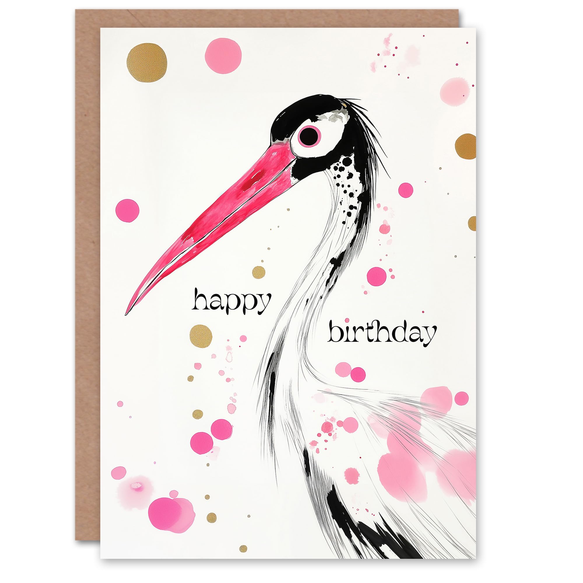 Artery8 Birthday Card Oriental Stork Pink Gold Black Bird Drawing Blank For Him Or Her Art Greeting Card
