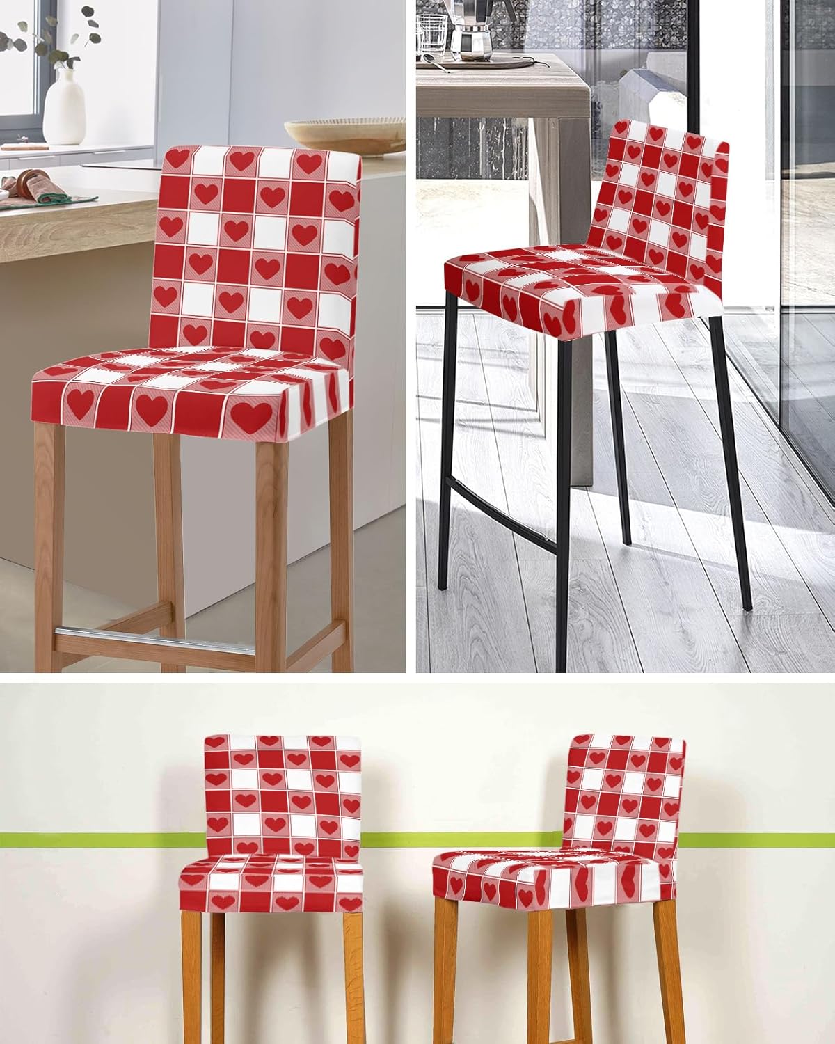 Bar Stool Covers with Backs, Stretch Washable Bar Stool Chair Cover Slipcovers Valentine's Day Red Heart in Red Plaid Removable Counter Stool High Chair Covers for Pub, Dining Room, Cafe, ,Set of 2