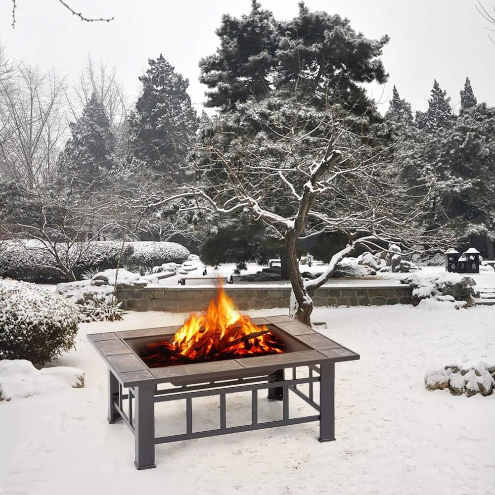 Garden Fire Pit Grill Bowl Grill Barbecue Rack Outdoor Fire Pit, Metal Fire Pit with Spark Screen Guard, Charcoal Rack, Poker, for Camping, Outdoor Heating,Outdoor Fire Pits
