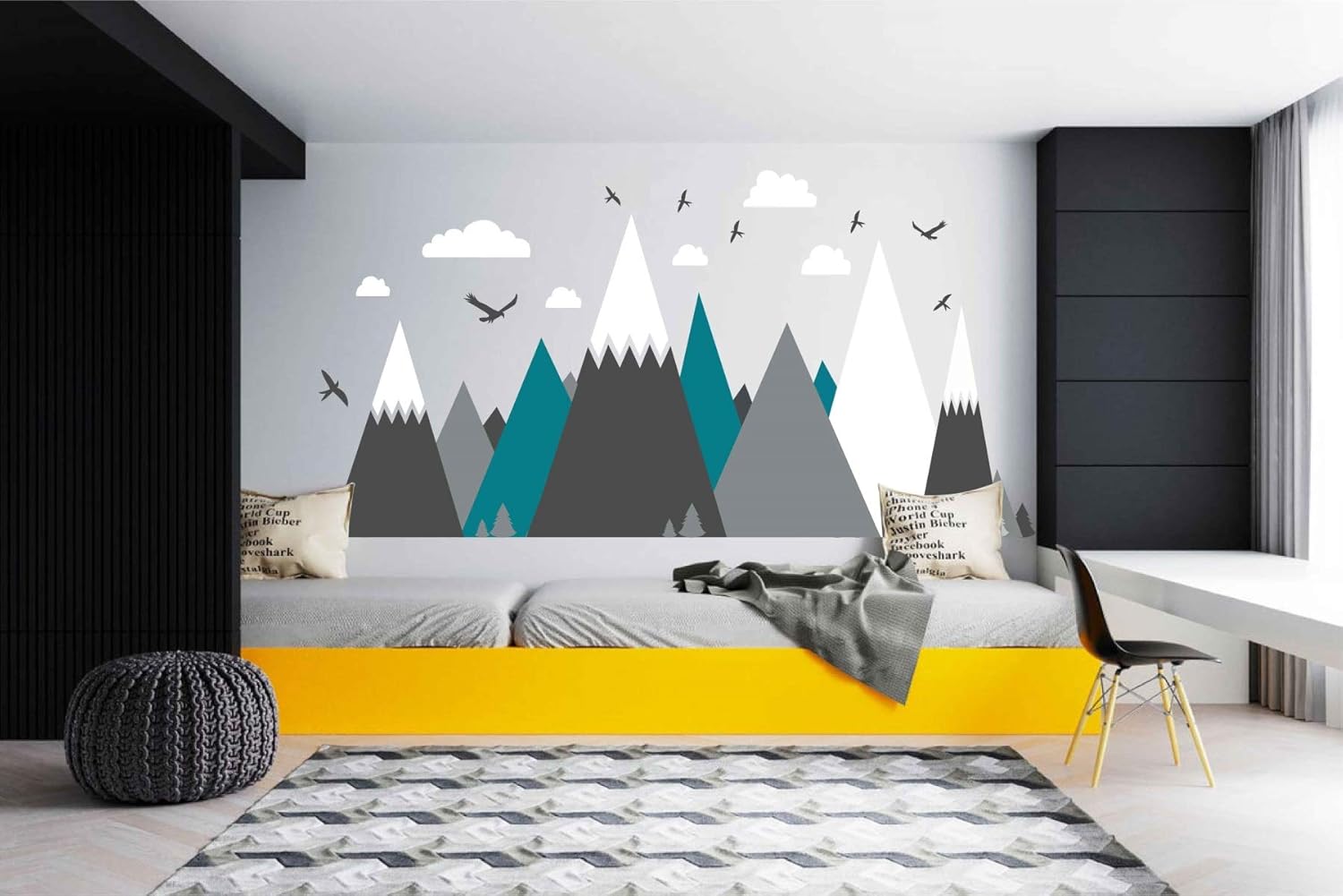 Gray Cream Mountains Wall Sticker Home Decor for Kids Room Nursery - Eagles Pine Trees Clouds Beautiful Art Murals Decal JW373 (Color 2-Teal)