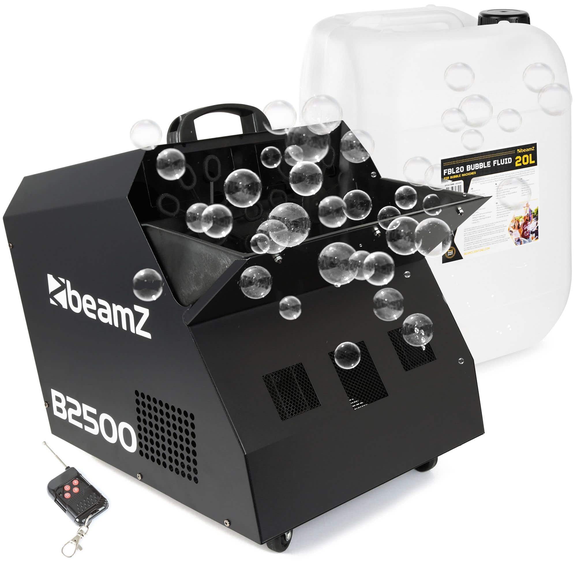 BeamZ B2500 - Máquina de burbujas profesional con doble rueda y control remoto, incluye 20 litros de líquido, alta potencia, gran cobertura, ideal eventos, animaciones y fiestas infantiles