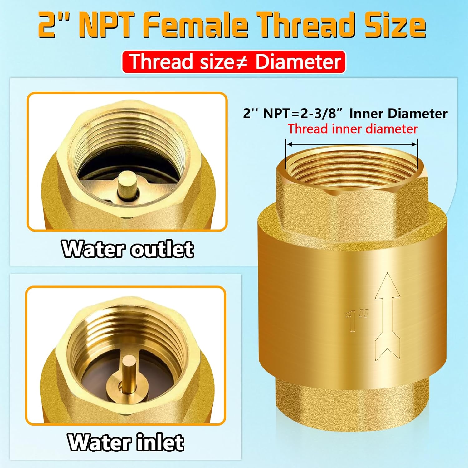 Boltigen Solid Brass Spring Check Valve, 2 Inch NPT Female Thread Non Return One Way Horizontal Vertical In-Line Water Check Valve for Well, Pump, Tank, Backflow Preventer