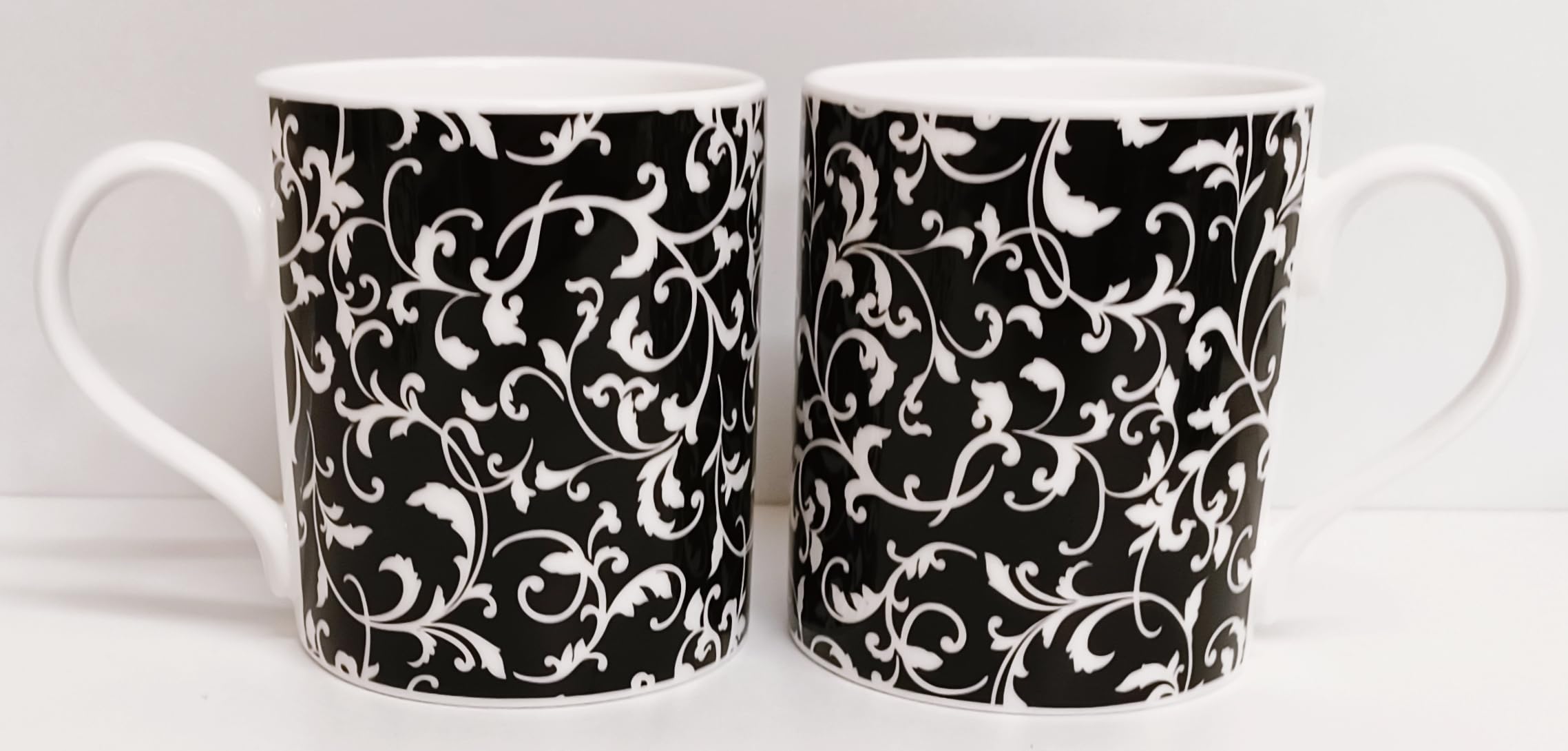 Weneckie czarne kubki zestaw 6 porcelany kostnej duże balmoralne 414 ml 400 ml kubki wirowe i liście ręcznie dekorowane w Wielkiej Brytanii