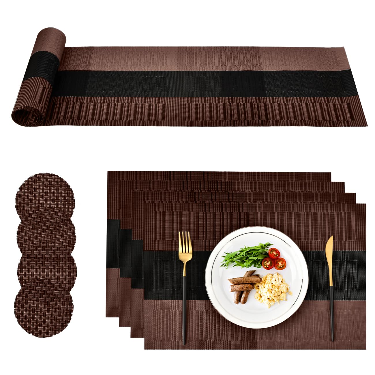 Placemats PVC Washable, Dining Table Mats Set Tear-proof Heat Resistant, 4 x Place Mats 4 x Coasters and 1 x Table Runner for Kitchen, Restaurant, Hotel, Cafe