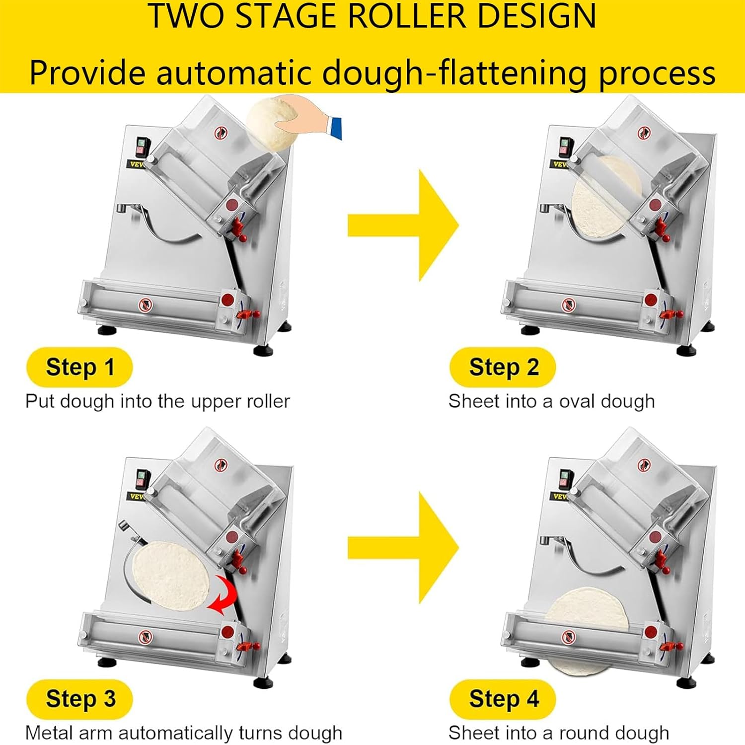 Pizza Dough Roller Sheeter, Automatic Commercial Dough Roller Machine, Stainless Steel Pizza Dough Roller, 370W, for Home and Pizza Bread Shops