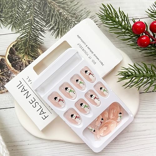 Miniatura 3 de Uñas postizas cortas a presión en forma de almendra con diseño uñas acrílicas de cobertura completa verde y rojo muñeco de nieve bonitas uñas