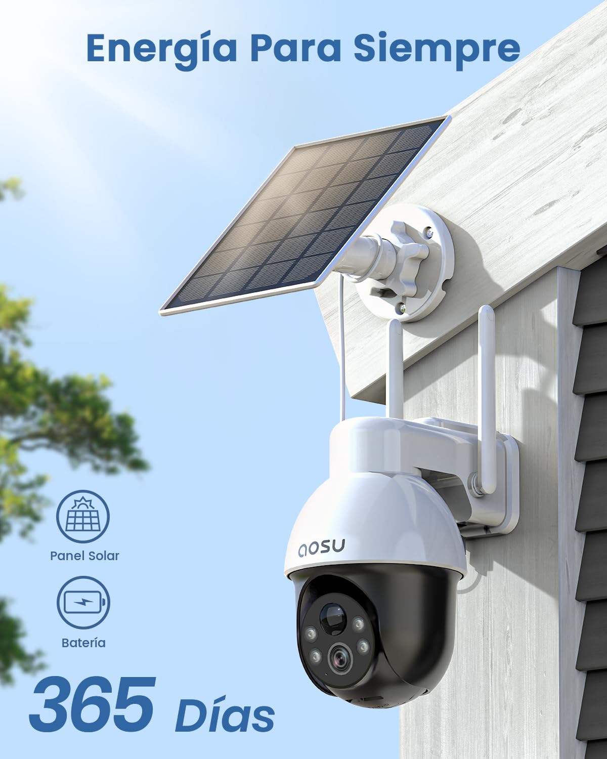 aosu 3K 5MP Cámara Vigilancia Exterior Solar, WiFi Cámara de Seguridad Inalámbrico con Batería, 360° PTZ Panorámica, Seguimiento Automático, Alertas de Movimiento, Audio Bidireccional, 2pz