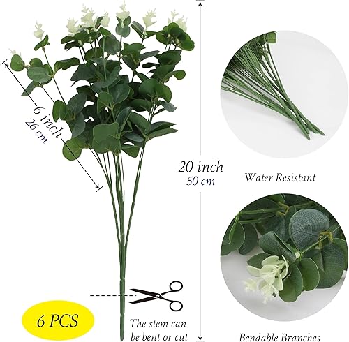 Miniatura 2 de Grand Verde Plantas artificiales de eucalipto a granel, ramos de vegetación sintética de 20 pulgadas, tallos de hojas verdes de seda, 6 unidades